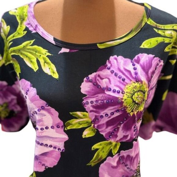Roaman’s Beaded and Sequined Floral T-Shirt Blouse in Black and Purple – Large - Picture 2 of 7